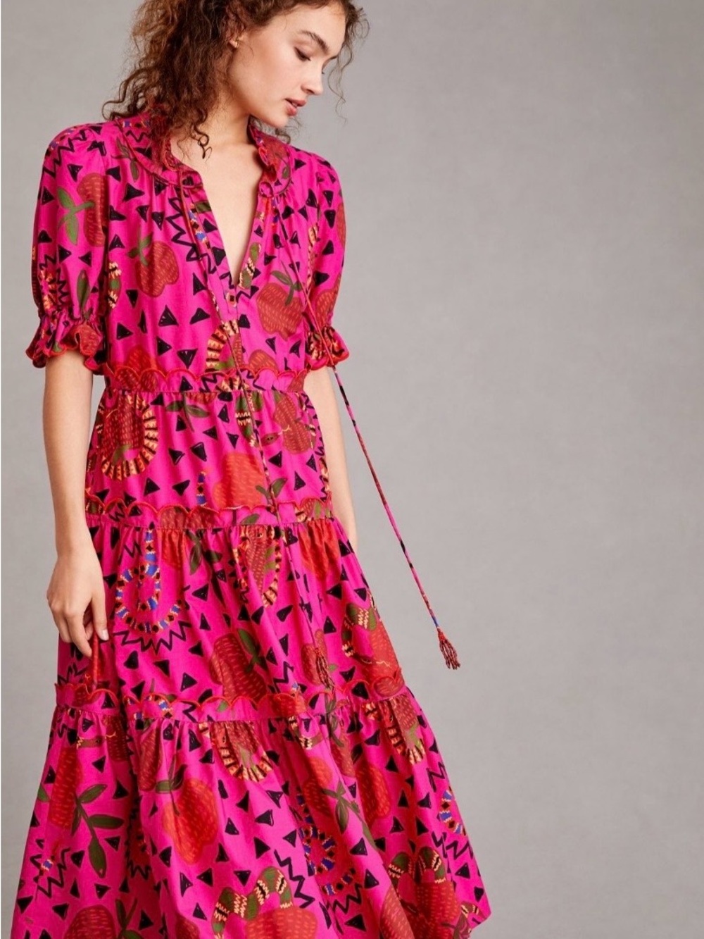 FARM Rio Hot Pink Printed Tiered Midi Dress